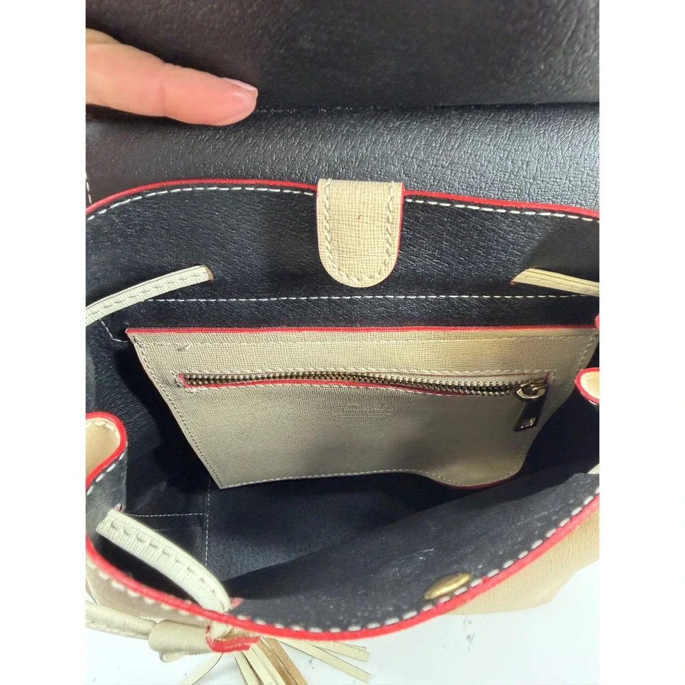 Franco Pugi Italian Leather Backpack Beige Cream Red Trim Tassel Bag